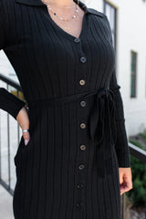 Simple Style Black Button Detail Ribbed Midi Dress FINAL SALE