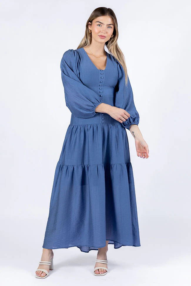 Enchanting Moments Blue Button Detail Maxi Dress