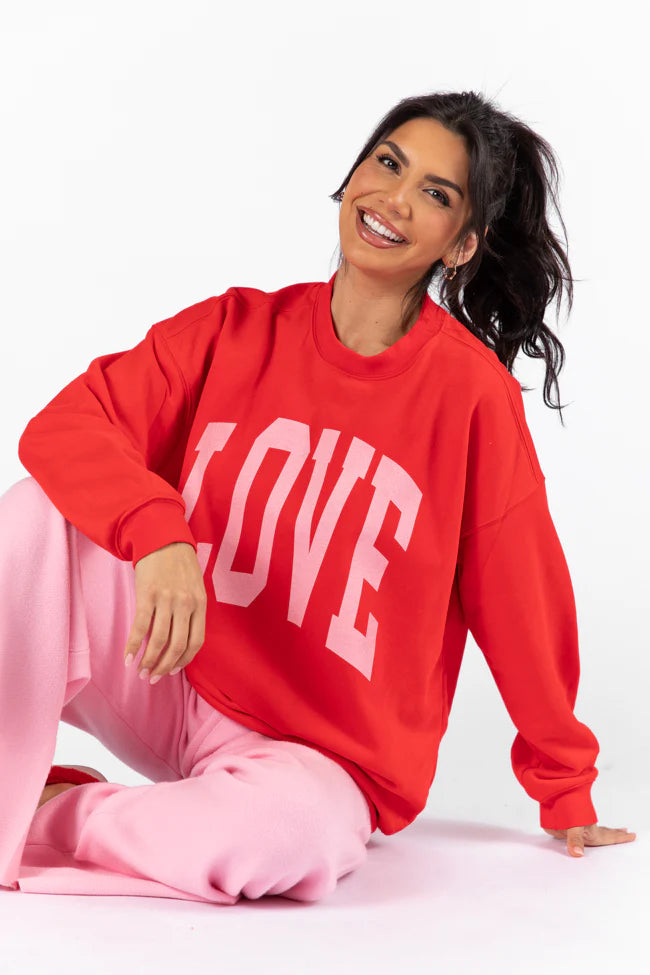 Love Block Red Oversized Graphic Sweatshirt