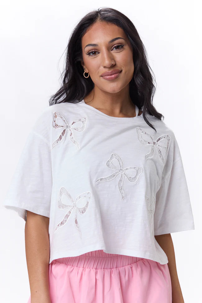 Bow-tacular Moments Bow Embroidered Lace Short Sleeve Tee