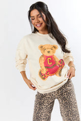 Vintage Red and Gold Cheer Teddy Bear Cream Oversized Graphic Sweatshirt