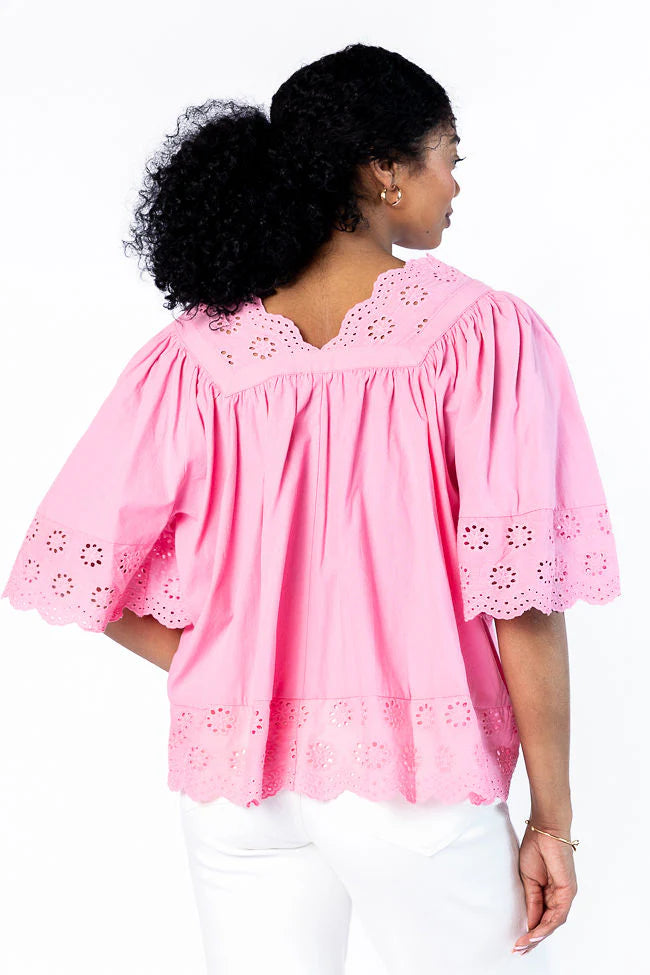 No Regrets Pink Eyelet Detail Popover Short Sleeve Blouse