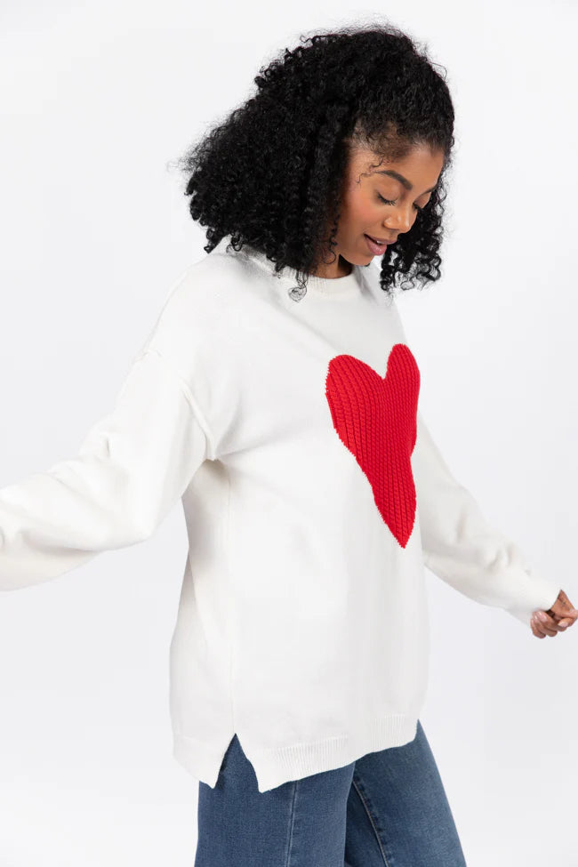 In My Heart Ivory and Red Cable Knit Heart Sweater FINAL SALE