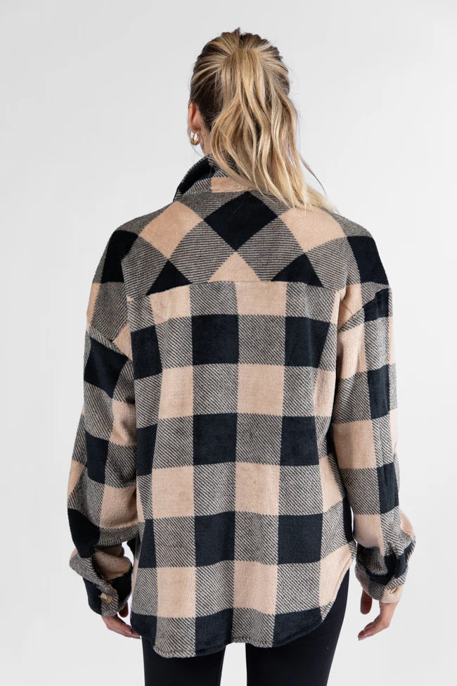 Wind Down Black and Tan Fleece Plaid Shacket