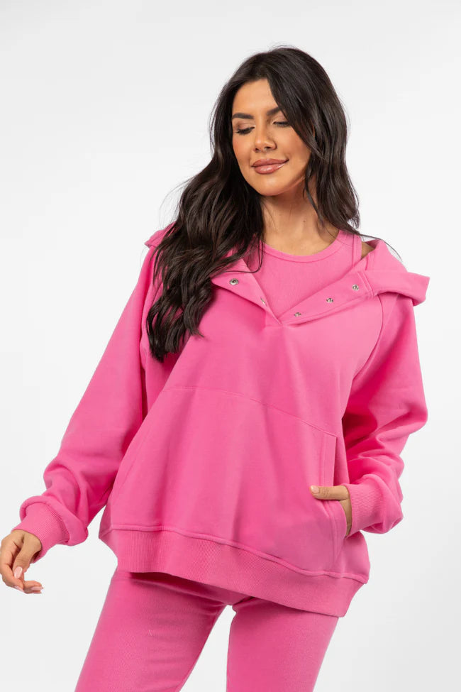 Outta Sight Pink Button Detail Hooded Pullover SALE