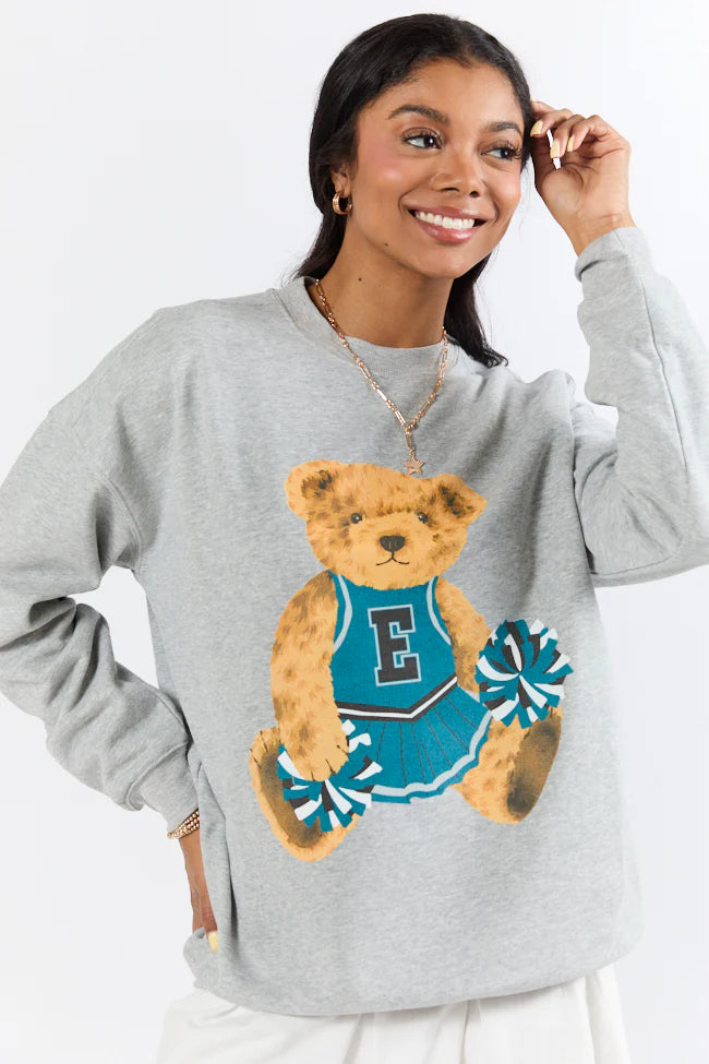 Vintage Green and Black Cheer Teddy Bear Light Grey Oversized Graphic Sweatshirt