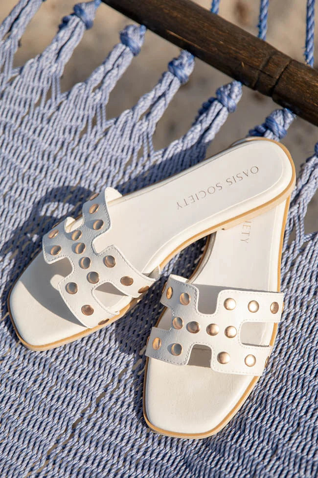 Hallie White Studded H Sandals