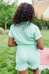 Stop And Stare Mint Flutter Hem Collared Romper SALE