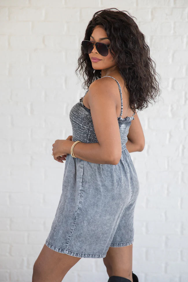 Embracing Change Grey Acid Wash Smocked Romper SALE