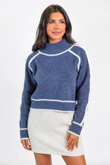 In Between Navy and Ivory Contrast Stitch Mock Neck Sweater