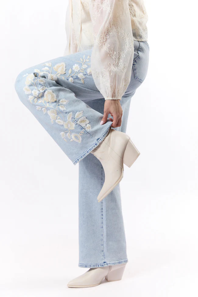 Daisy Light Wash Floral Embroidered Wide Leg Jeans