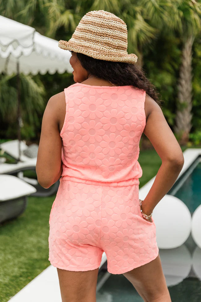 Easy To Me Neon Coral Terrycloth Floral Romper SALE