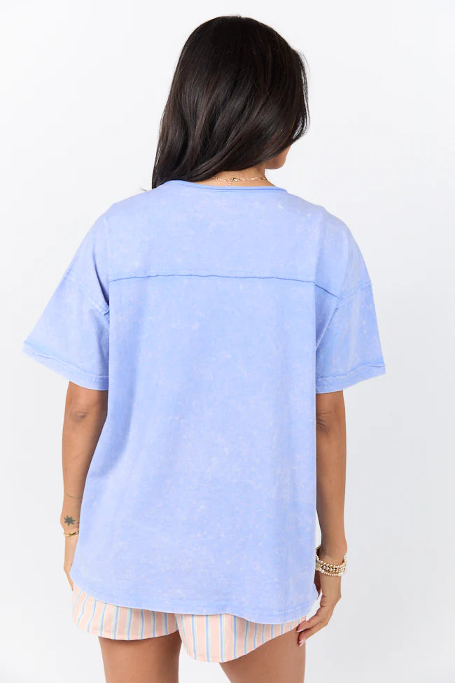 When We Meet Sky Blue Oversized Acid Wash V-Neck Tee