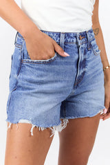 Emmy High Waisted Stretch Relaxed Raw Hem Denim Shorts