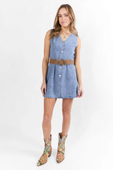 Strike A Chord Light Wash Denim Button Front Dress