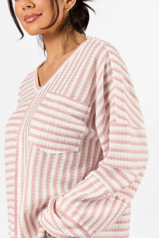 All For Sun Pink and Ivory Striped Knit V-Neck Long Sleeve Tee