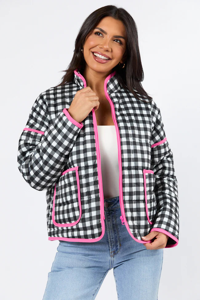 Going For It Black Gingham Printed Zip Up Jacket