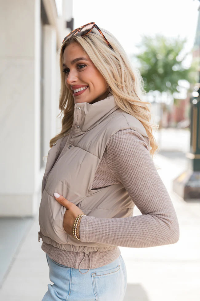 Bunny Slopes Taupe Soft Coated Cropped Puffer Vest