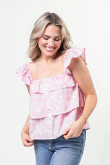 Wonderful Wildflowers Pink Print Button Front Tiered Tank