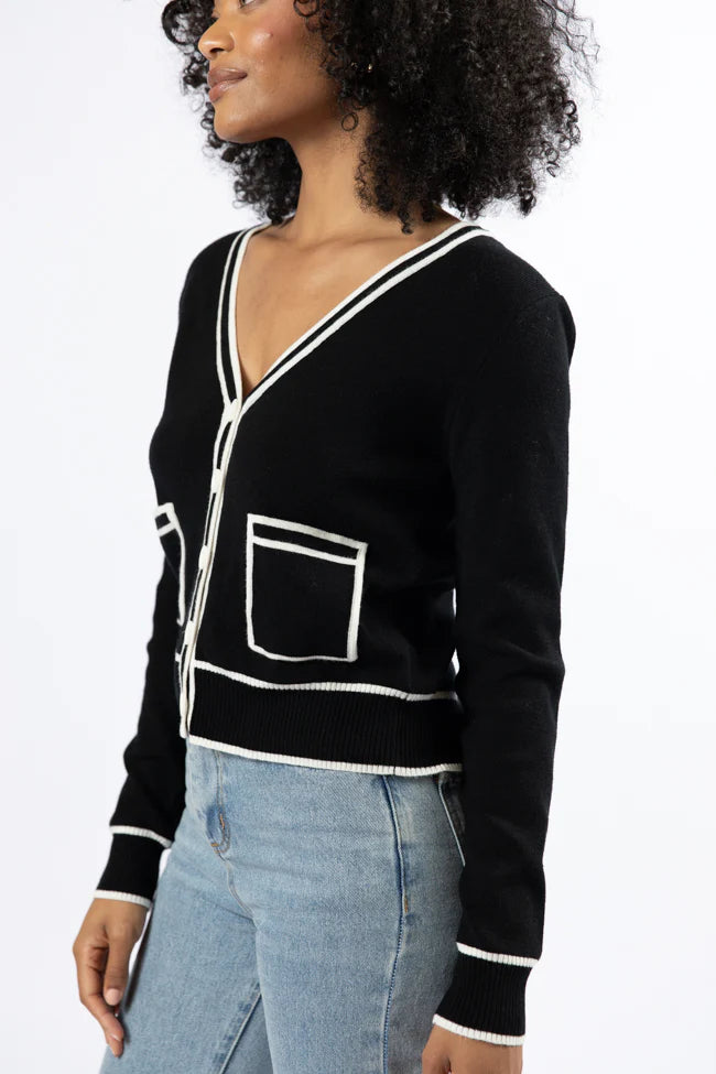 Gives Me Time Black and Ivory Contrast Trim Cardigan