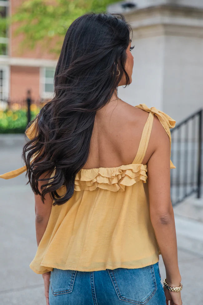 Not Easy To Forget Yellow Tie Shoulder Ruffle Trim Tank