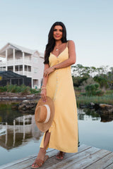 Love Without Limits Yellow Linen Button Down Midi Dress SALE