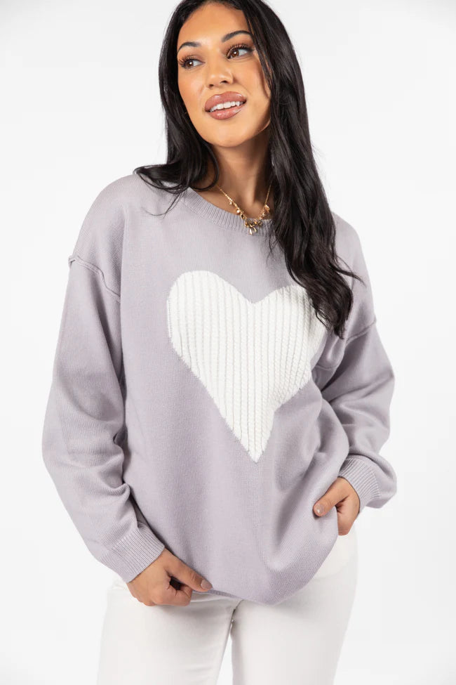 In My Heart Grey and Ivory Cable Knit Heart Sweater FINAL SALE