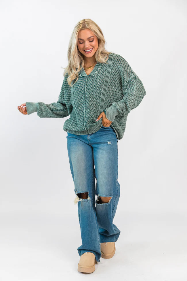 It's Too Easy Olive Acid Wash Sweater SALE