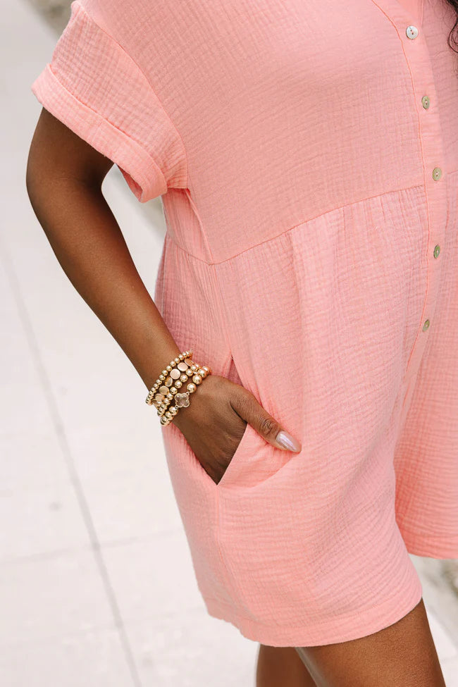 Loving The Sun Coral Gauze Button Up Romper SALE