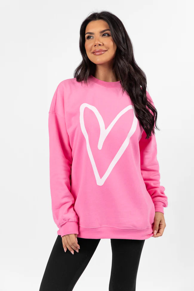 Heart Sketch Pink Oversized Graphic Sweatshirt