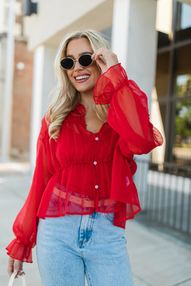 Breathe Deeper Red Sheer Ruched Blouse FINAL SALE