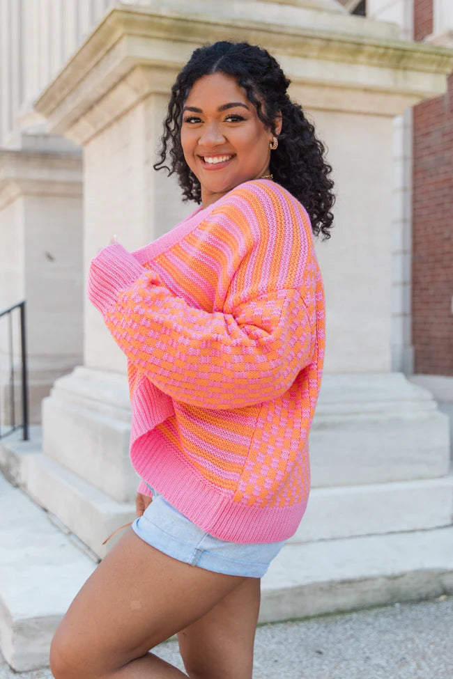 Time To Waste Pink And Orange Checkered And Striped Cardigan