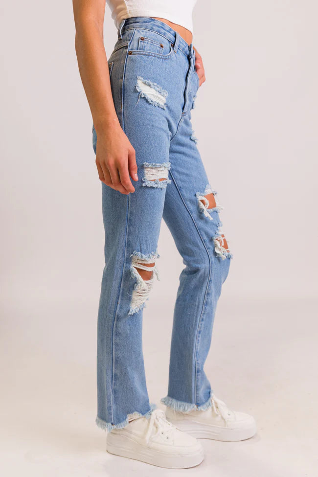 Megan Light Wash Distressed Straight Leg Mom Jeans