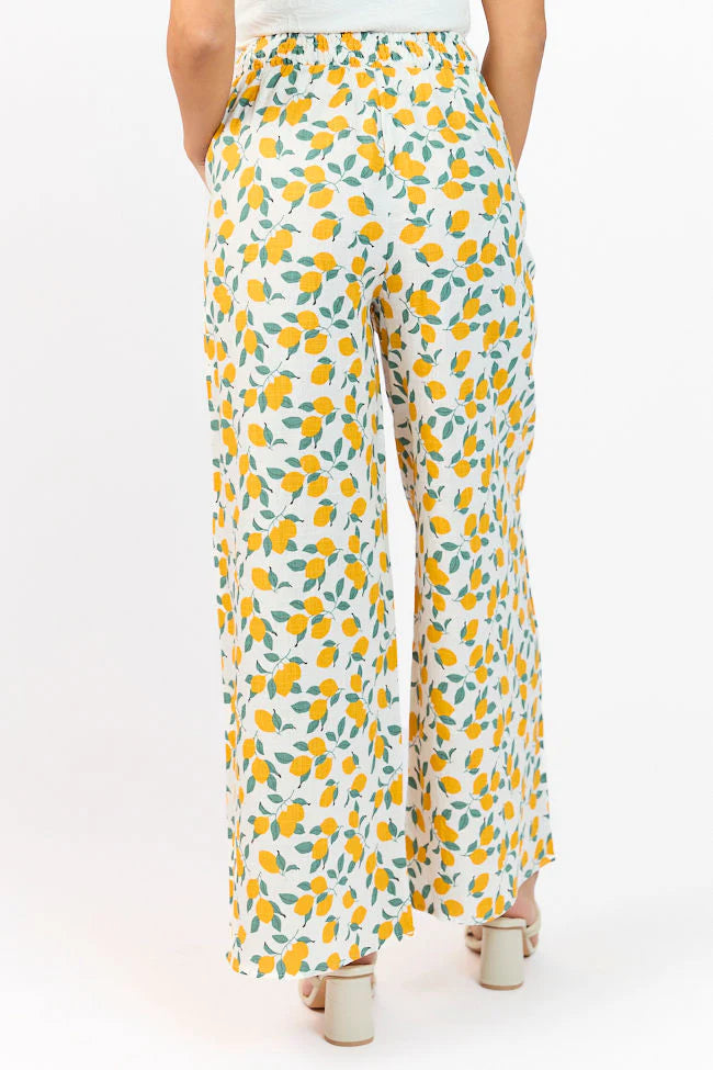 Main Squeeze Ivory Lemon Print Belted Wide Leg Pants