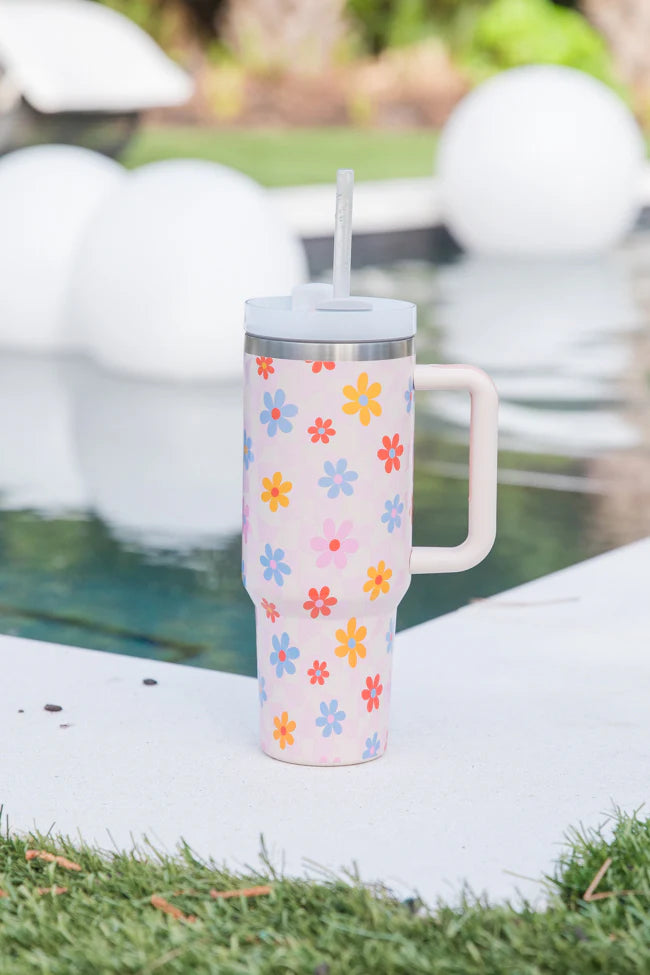 Sippin' Pretty Summer Checkered Daisy 40 oz Drink Tumbler With Lid And Straw SALE