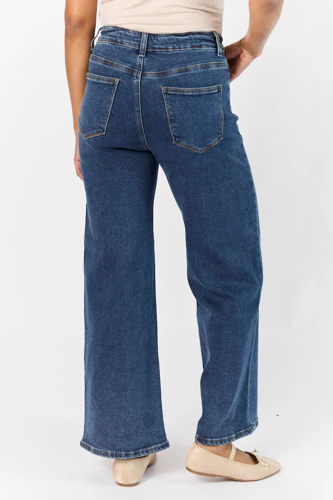 Sutton Dark Wash Wide Leg Patch Pocket Jeans