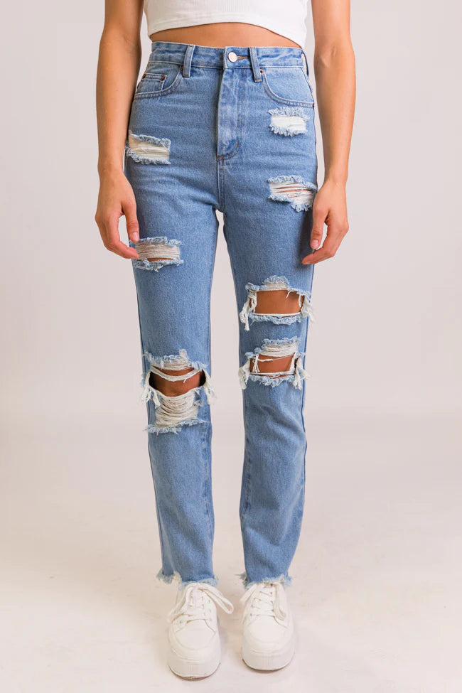 Megan Light Wash Distressed Straight Leg Mom Jeans