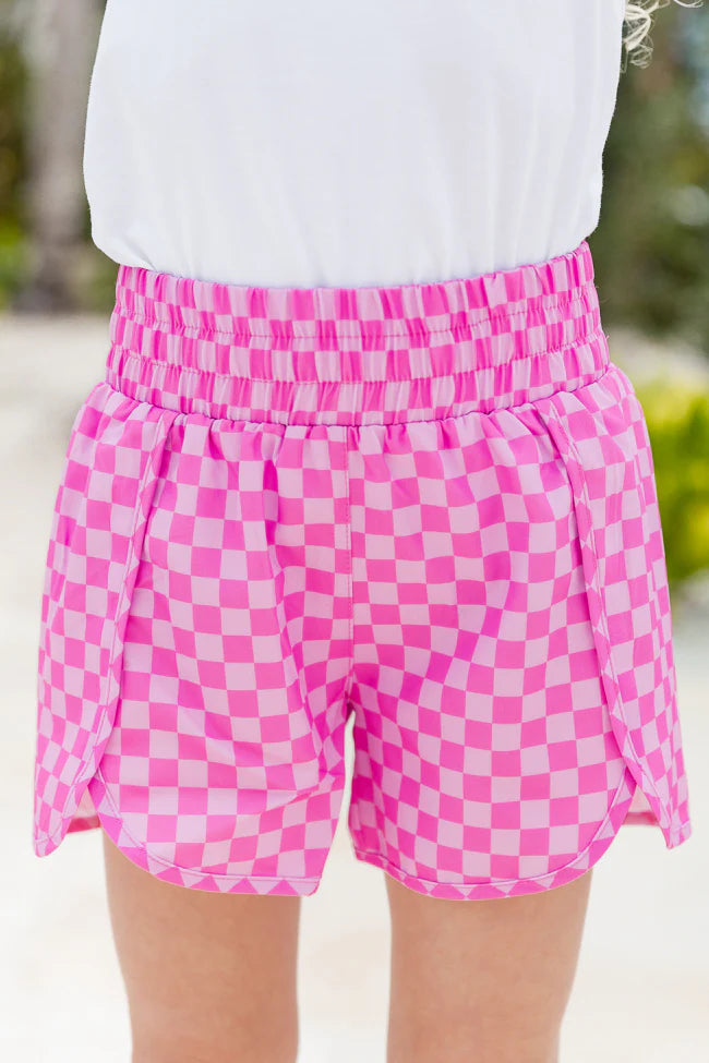 Kid's Errands To Run Pink Checkered High Waisted Athletic Shorts SALE