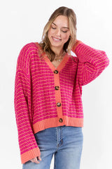 Triple Take Pink and Orange Woven Textured Knit Cardigan