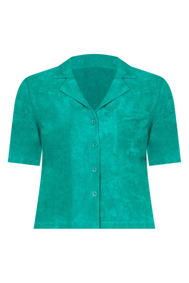 Girls Just Wanna Have Fun Teal Button Up Terry Lounge Top FINAL SALE