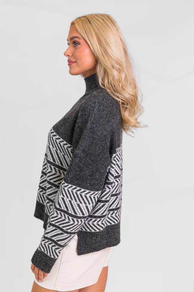 Back And Forth Charcoal Printed Mock Neck Sweater FINAL SALE