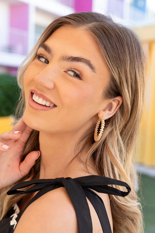 Tan and White Beaded Hoops