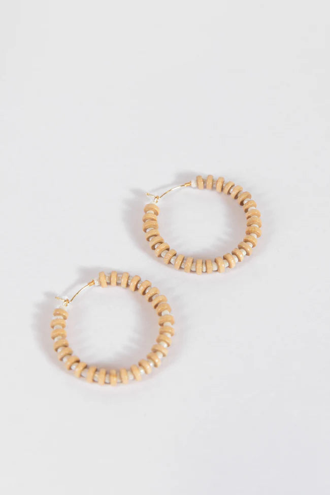 Tan and White Beaded Hoops