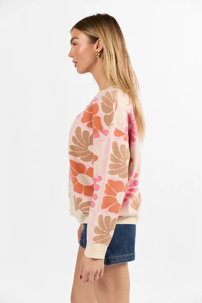 Gracious Gardens Coral Multi Block Floral Sweater