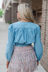 Per Diem Light Wash Chambray Wrap Blouse SALE