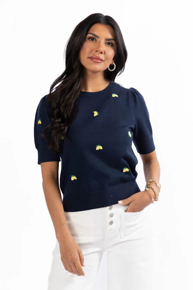 Feeling Zesty Navy Lemon Embroidered Short Sleeve Sweater