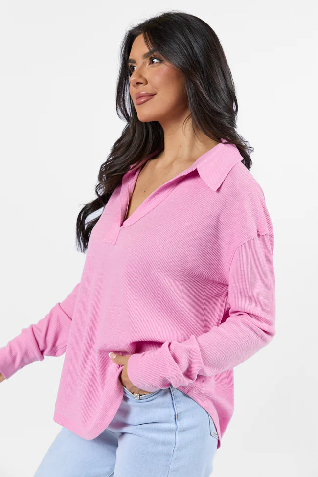 Might Be Love Rose Pink Waffle Collared Knit Top