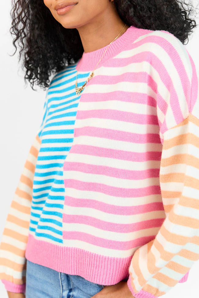 Delightful Days Blue, Pink, and Orange Multi Color Block Striped Sweater