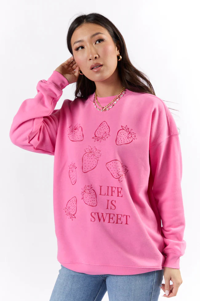 Life Is Sweet Strawberries Pink Oversized Graphic Sweatshirt