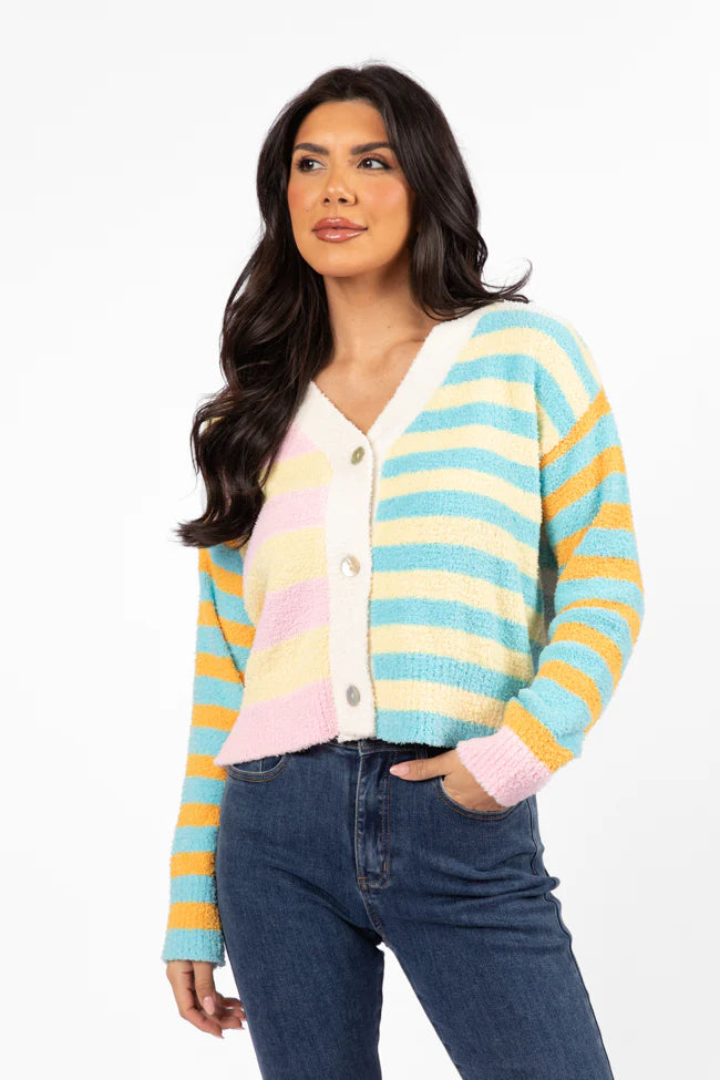 Check It Out Yellow, Blue, and Pink Fuzzy Cardigan SALE